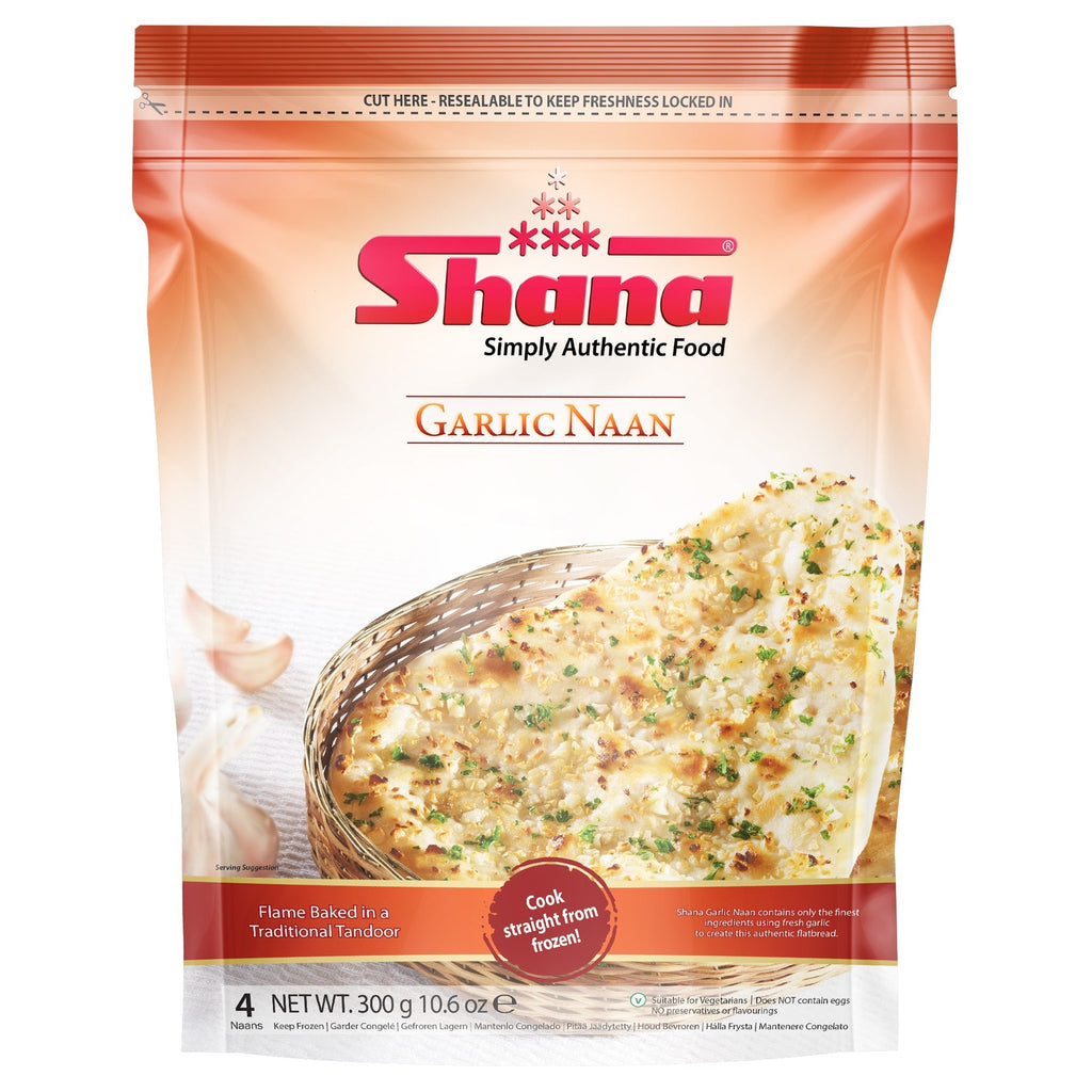 Shana Garlic Naan Frozen Foods Gourmet Wala 300g / 10.5 Oz 4 pcs 